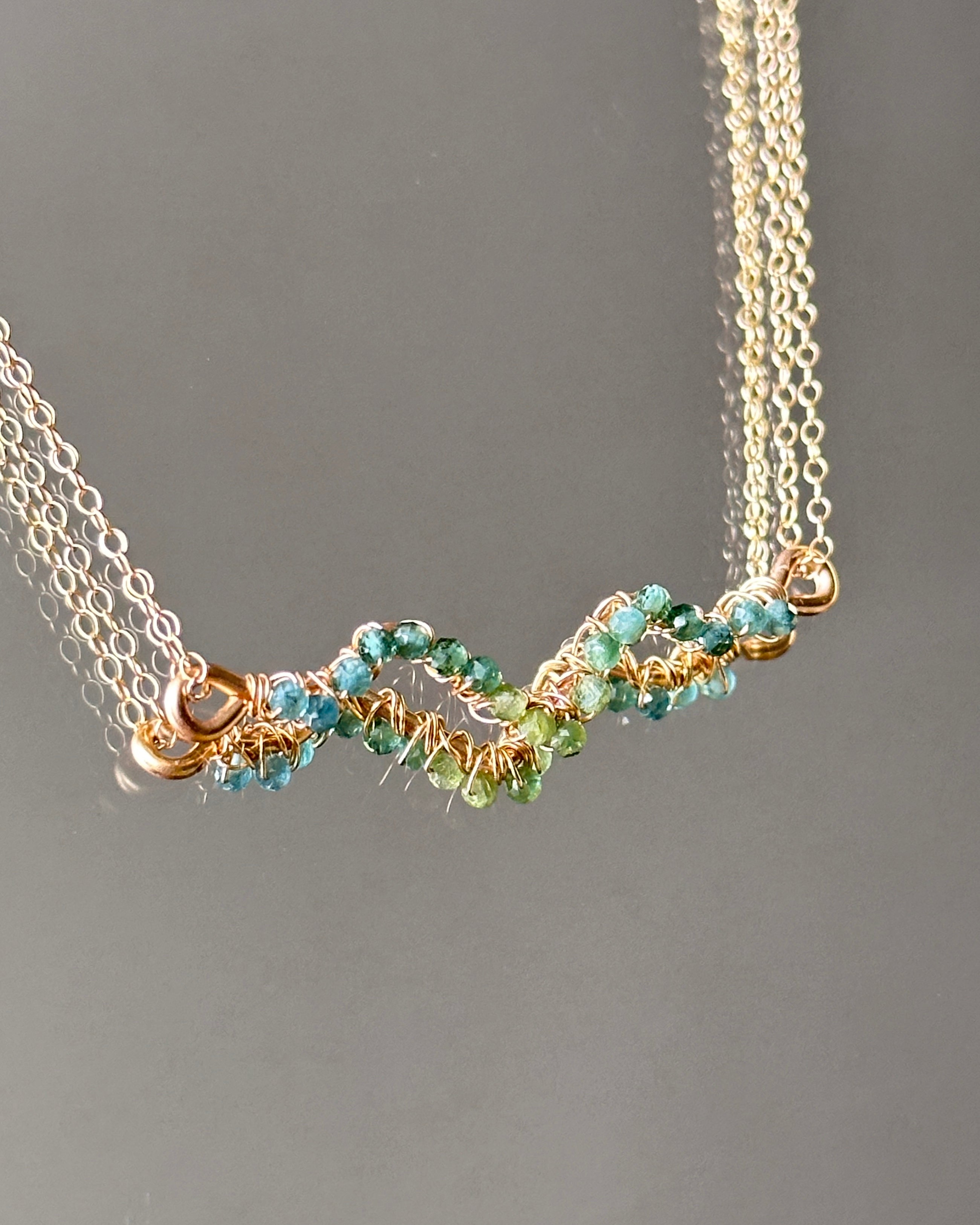 Evergreen Flow | Wire Wrapped Pendant Dainty Chain Necklace | Green Tourmaline | 14k Gold-Filled