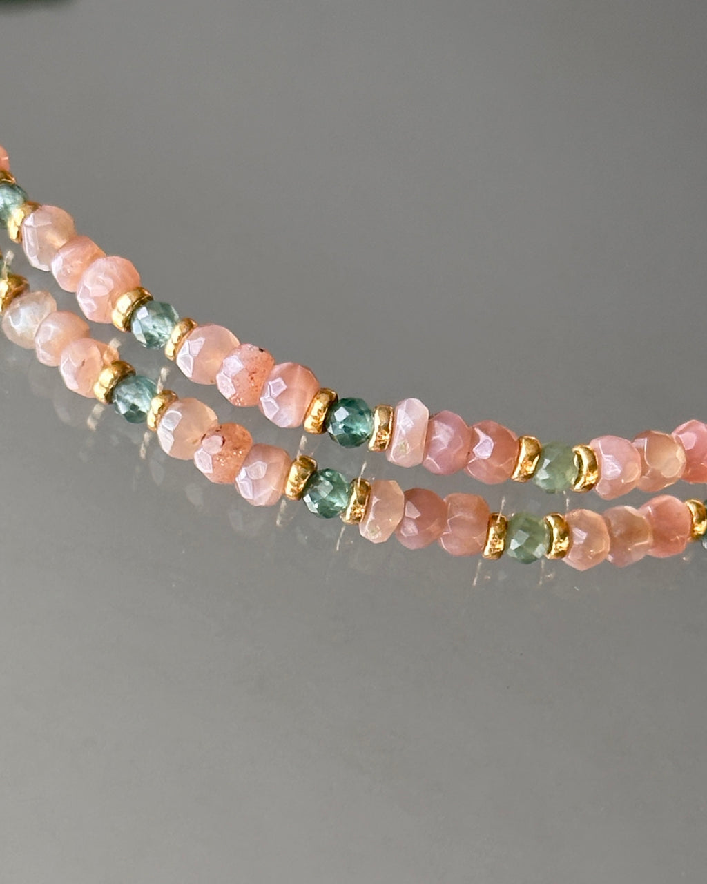 Sunlit Path | Beaded Gemstone Necklace | Green Tourmaline & Peach Moonstone | 14k Gold-Filled