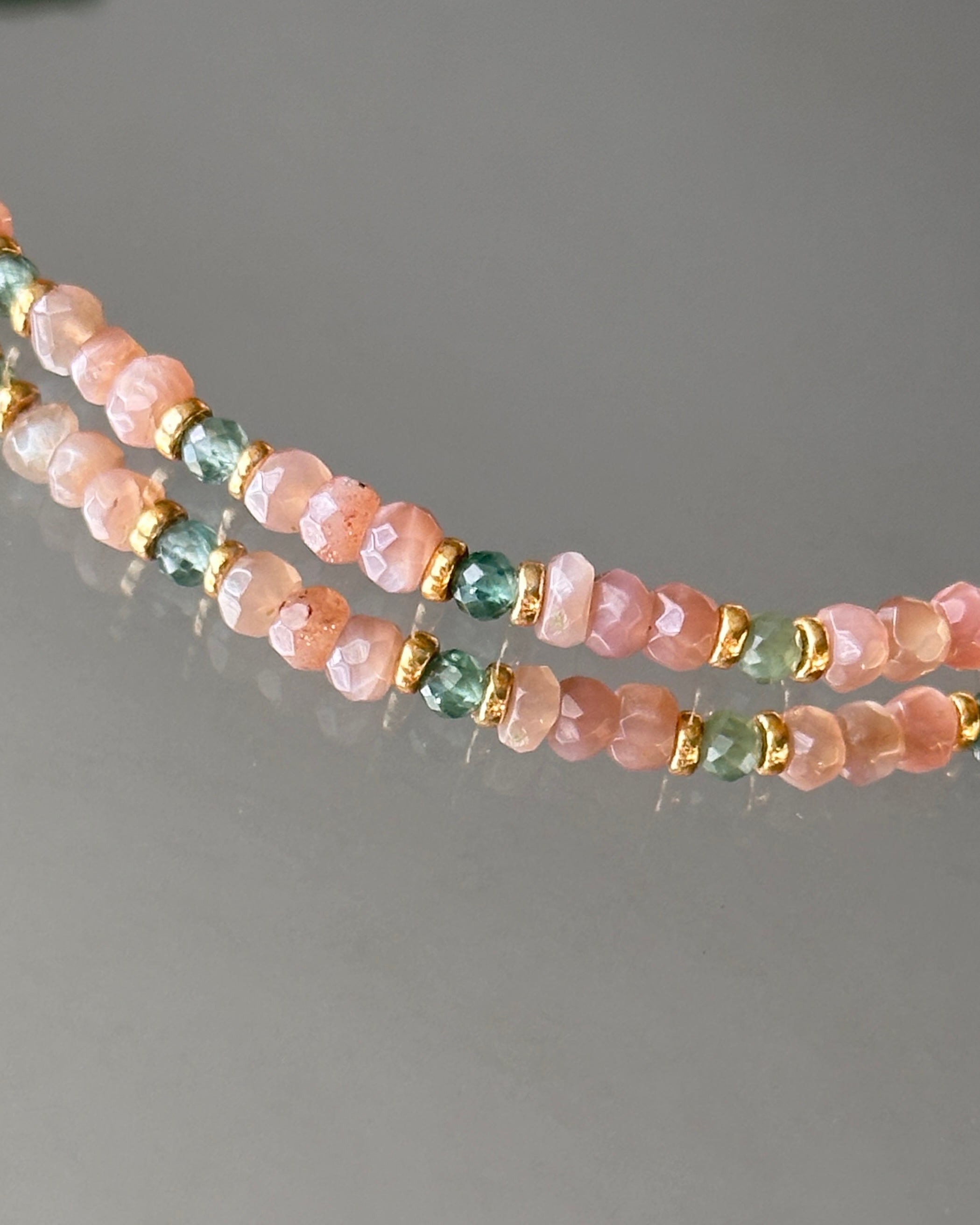 Sunlit Path | Beaded Gemstone Necklace | Green Tourmaline & Peach Moonstone | 14k Gold-Filled
