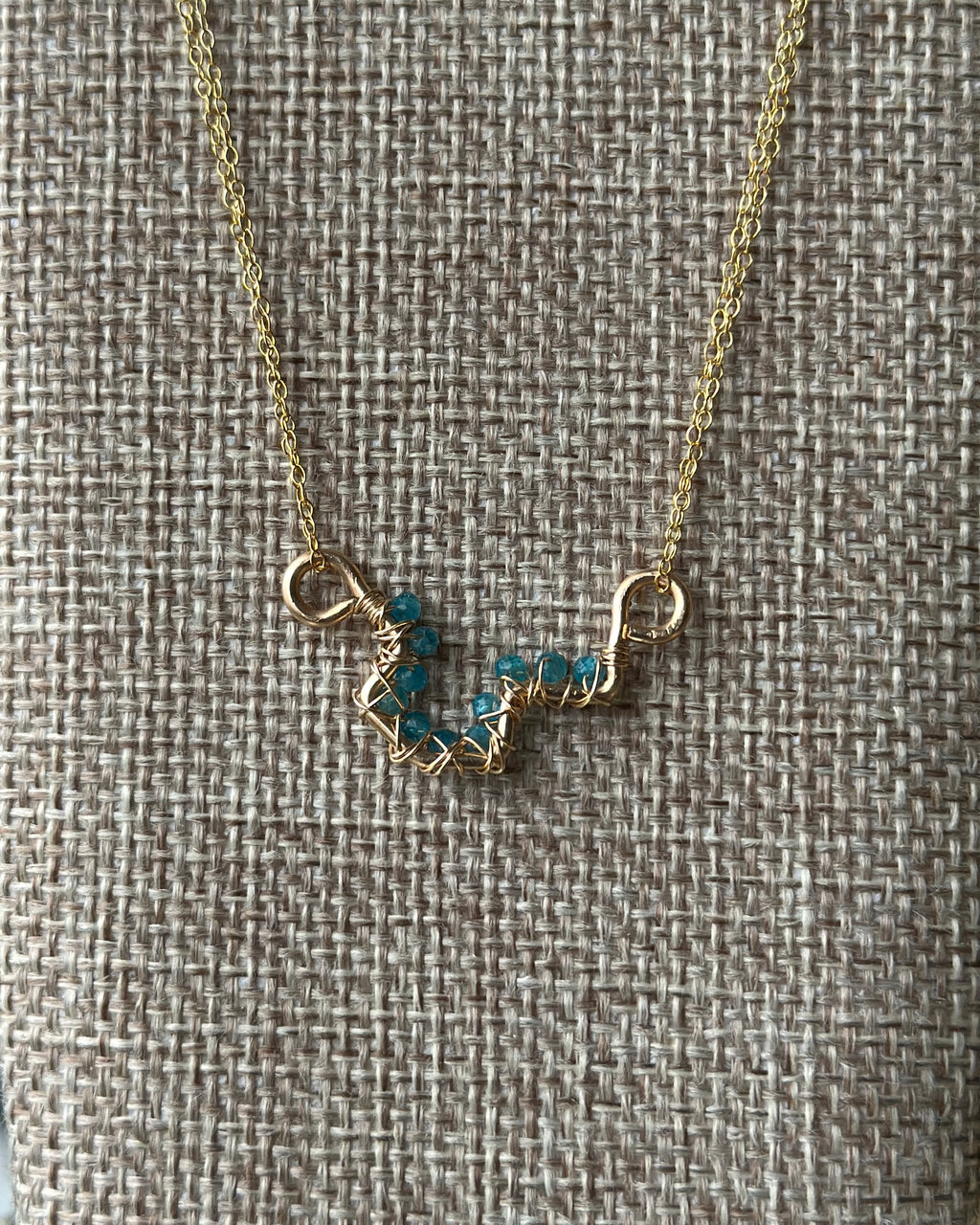 Pacific Wave | Wire Wrapped Pendant Double Chain Necklace | Pacific Blue Apatite | 14k Gold-Filled
