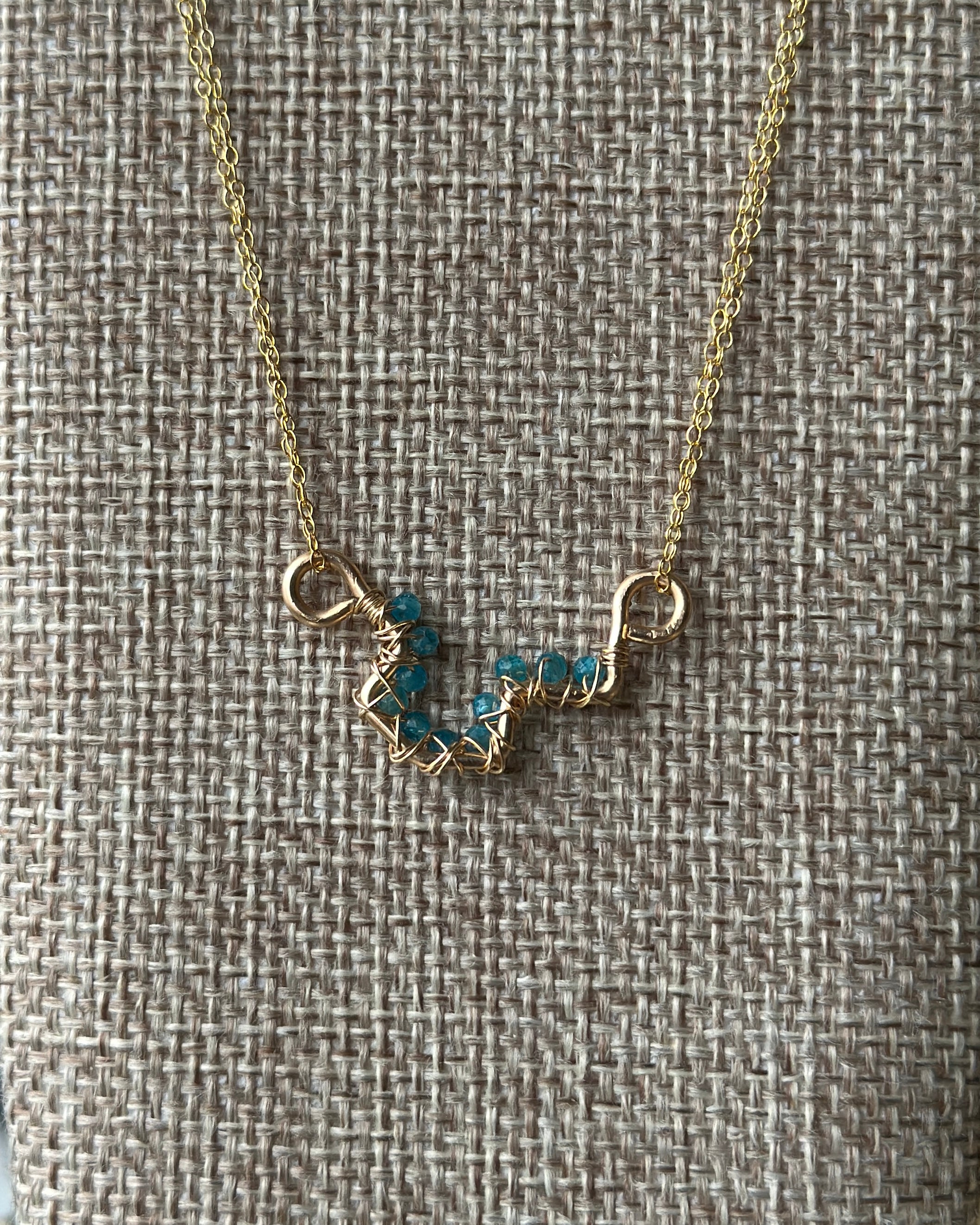 Pacific Wave | Wire Wrapped Pendant Double Chain Necklace | Pacific Blue Apatite | 14k Gold-Filled