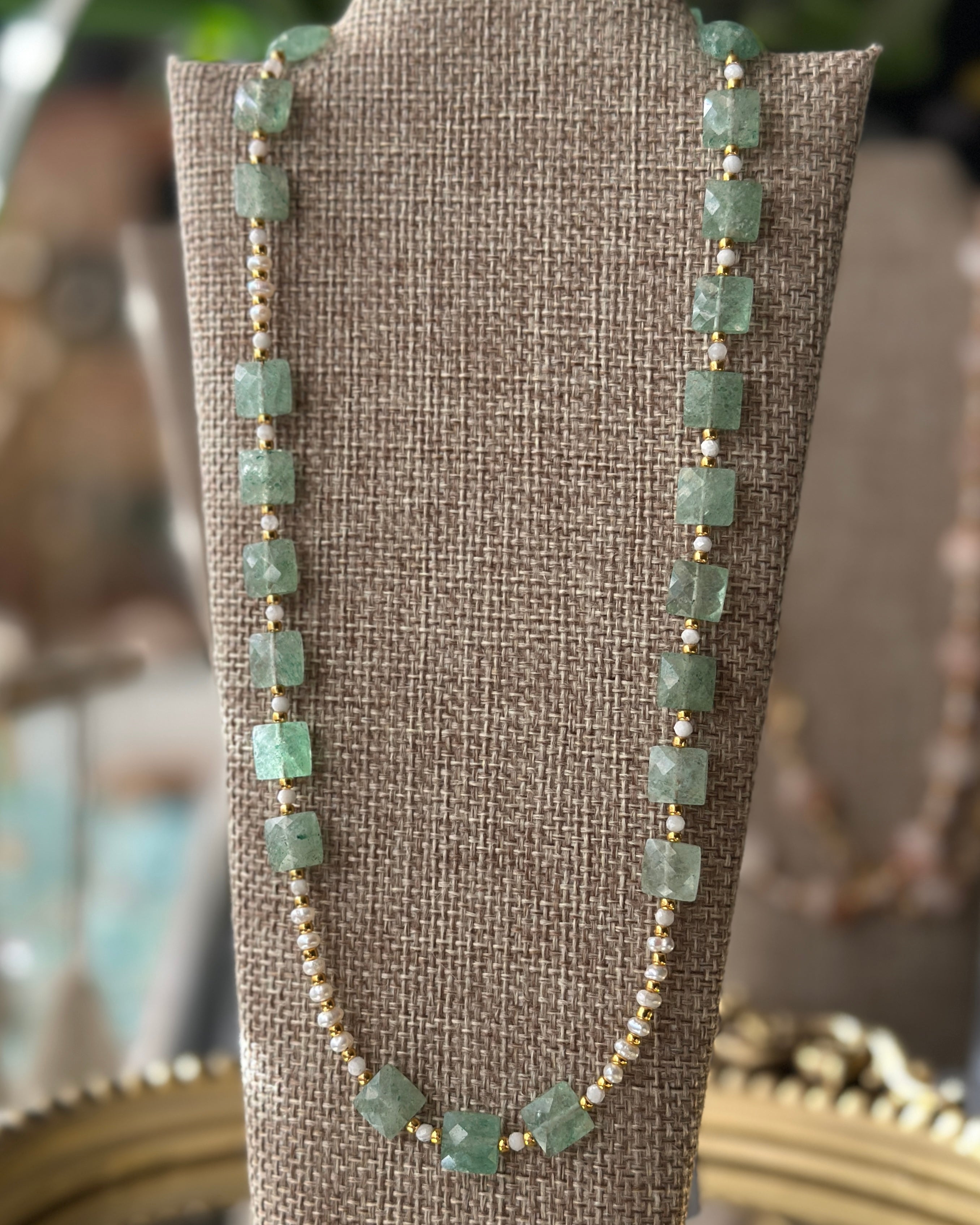 Salt Moon | Beaded Gemstone Toggle Necklace | Green Strawberry Quartz, Freshwater Pearl & Rainbow Moonstone | 14k Gold-Filled