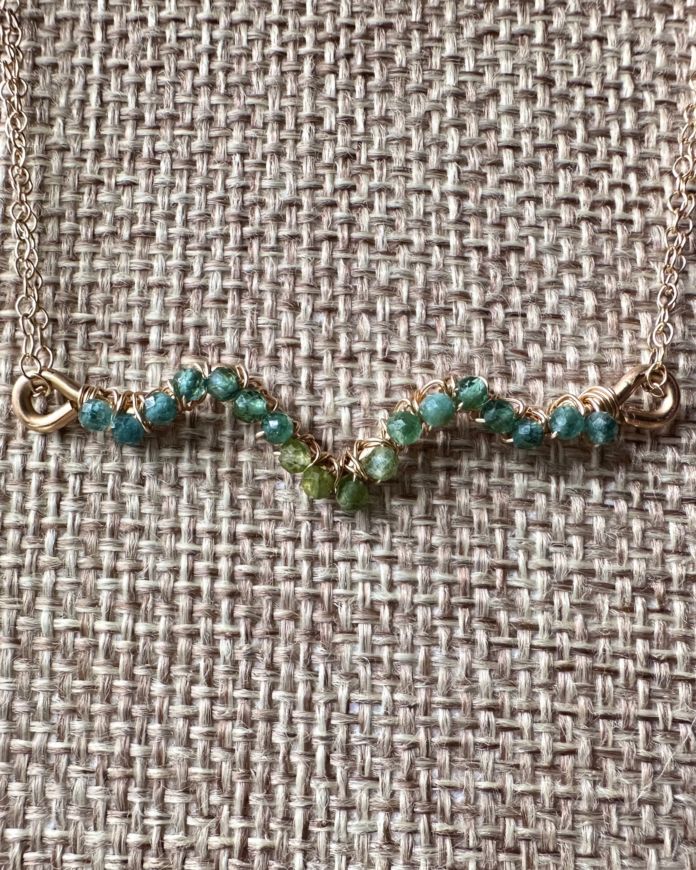 Evergreen Flow | Wire Wrapped Pendant Dainty Chain Necklace | Green Tourmaline | 14k Gold-Filled