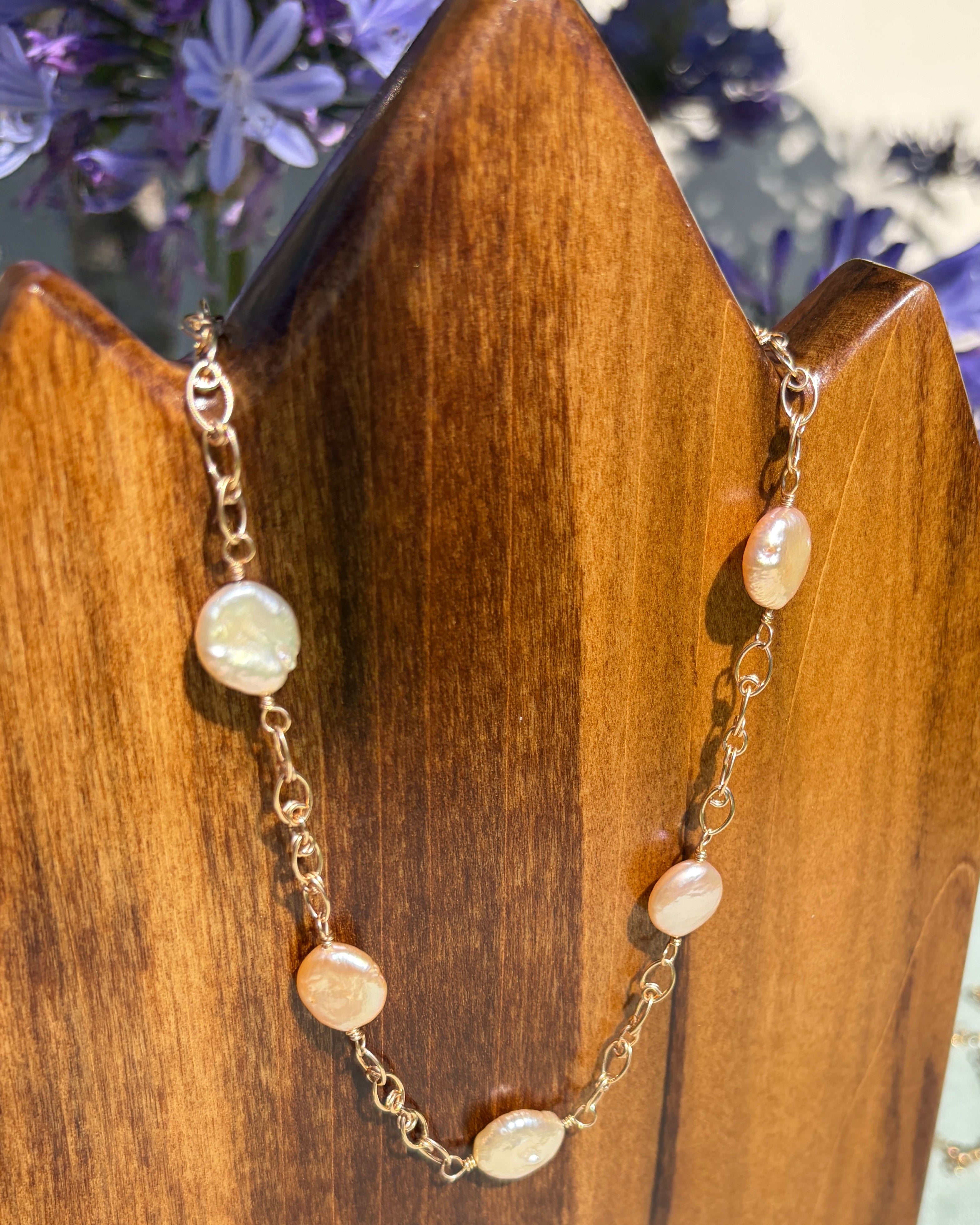 Wisdom | Handmade Chain Necklace | Petal Pink Freshwater Coin Pearl | 14k Gold-Filled