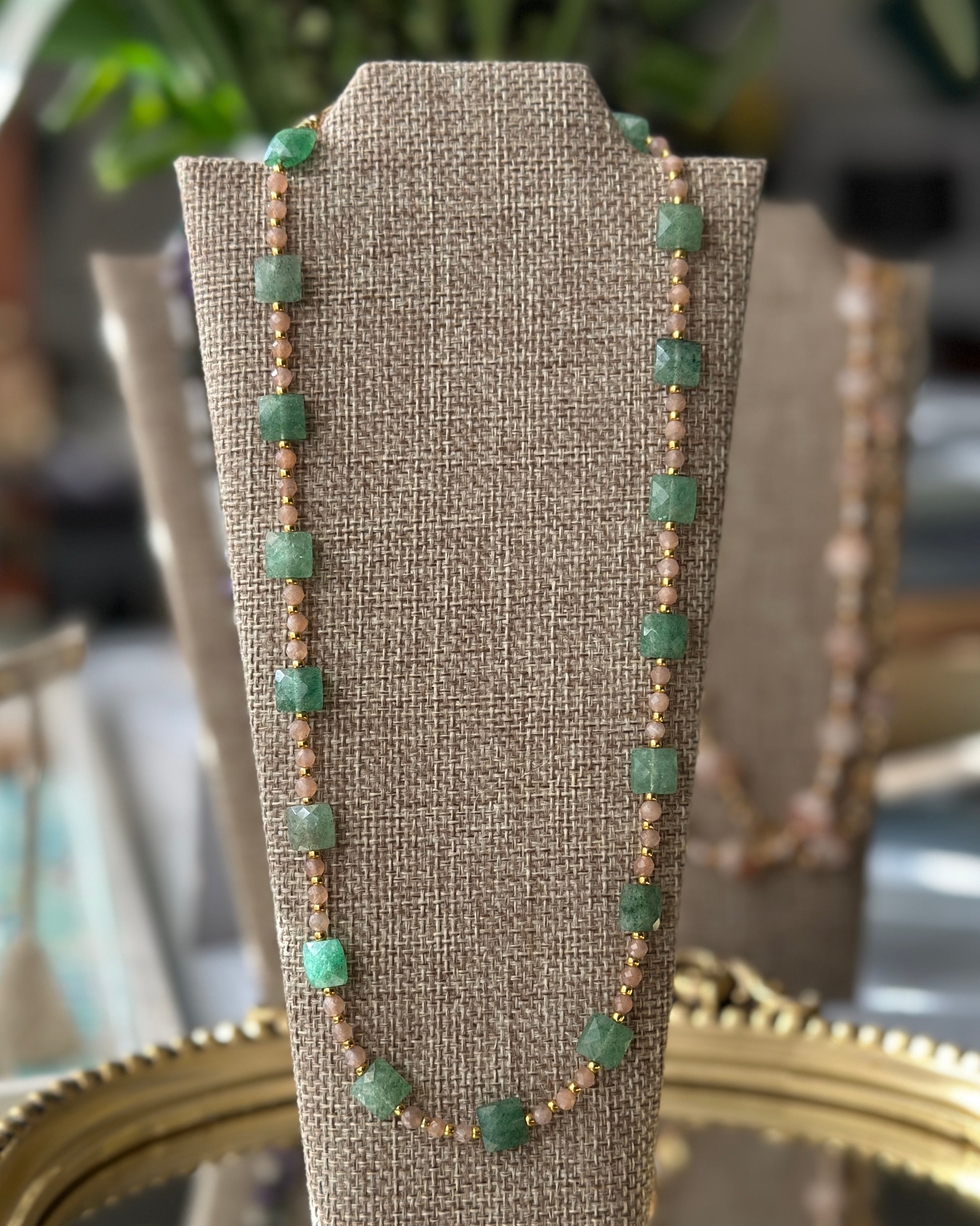 Fruitopia | Beaded Gemstone Necklace | Green Strawberry Quartz & Peach Moonstone | 14k Gold-Filled