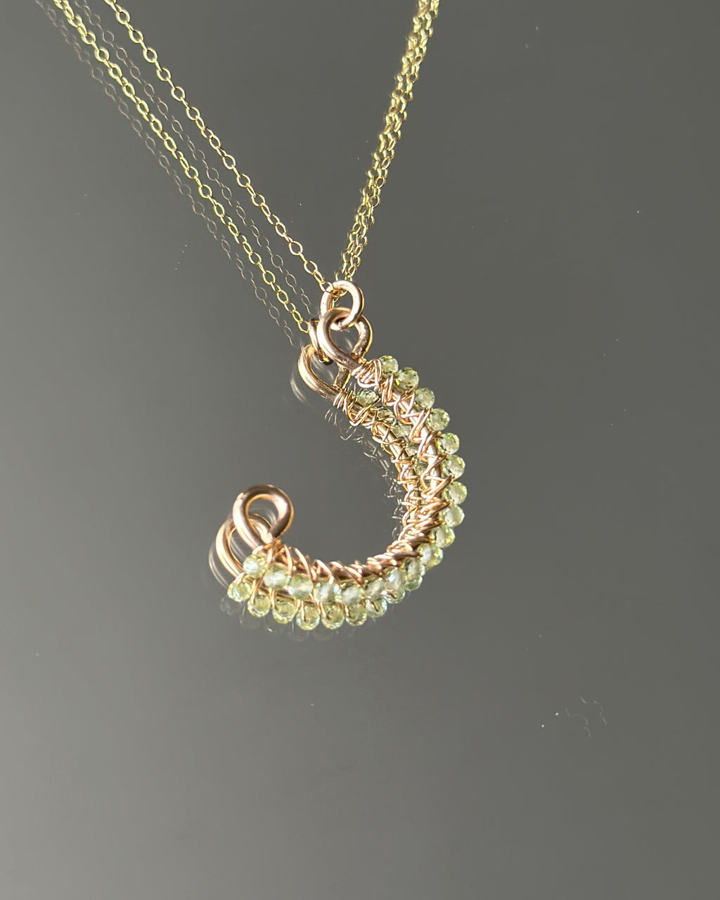 Placid Lily | Wire Wrapped Pendant Dainty Chain Necklace | Peridot | 14k Gold-Filled