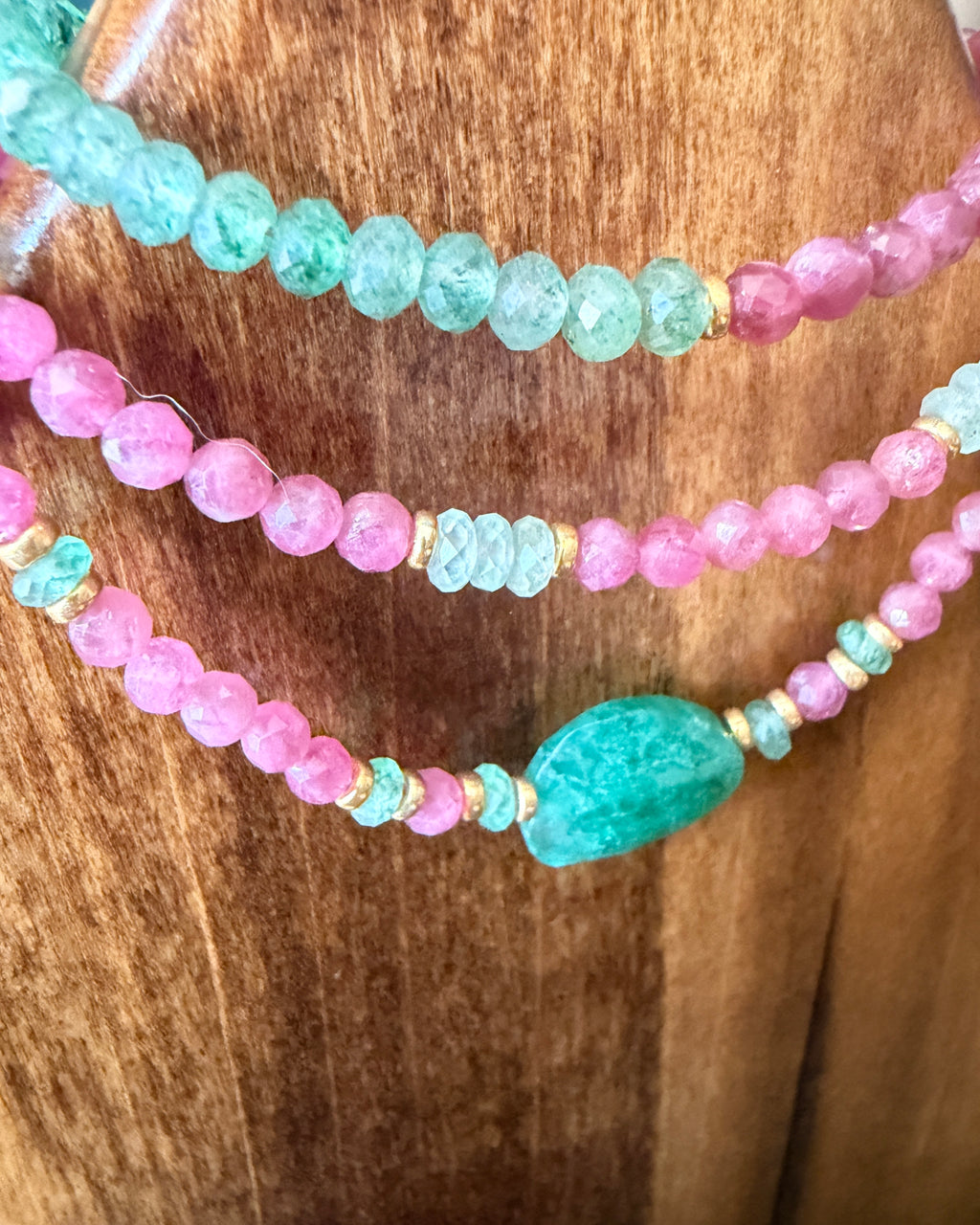Rose Garden | Beaded Gemstone Bracelet | Pink Tourmaline & Green Strawberry Quartz | 14k Gold-Filled