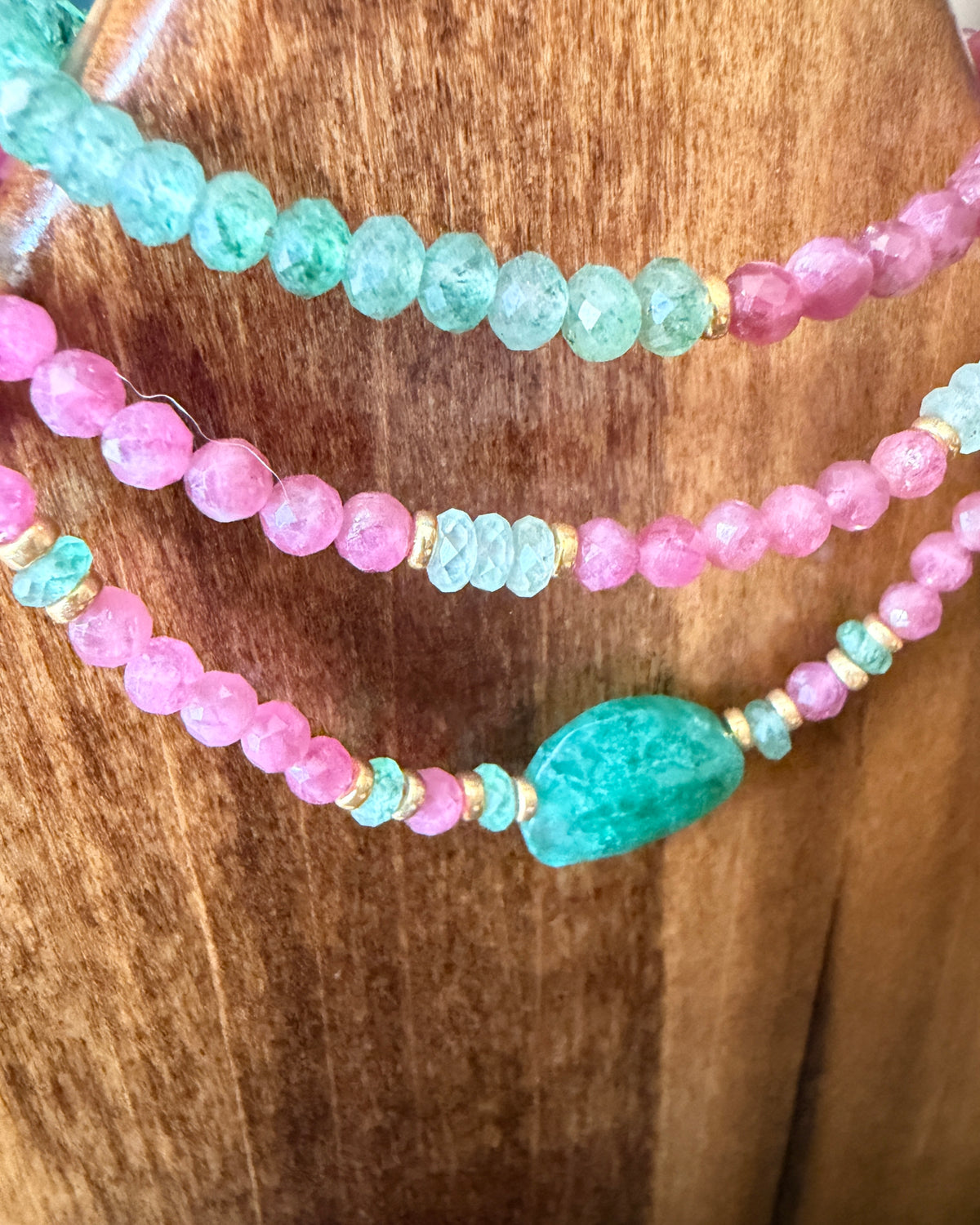 Rose Garden | Beaded Gemstone Bracelet | Pink Tourmaline & Green Strawberry Quartz | 14k Gold-Filled