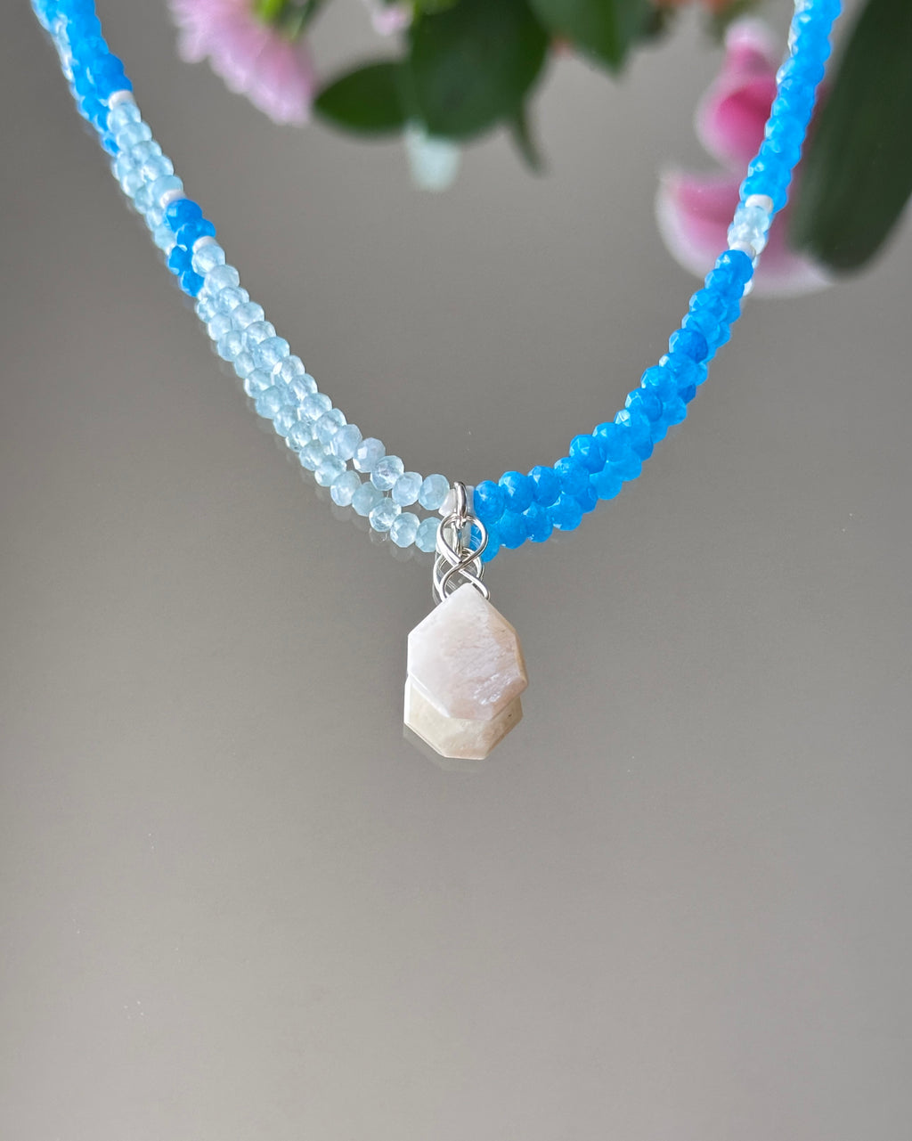 Moon Tide | Beaded Moonstone Pendant Necklace | Sunset Blue Moonstone & Pacific Blue Agate | Sterling Silver