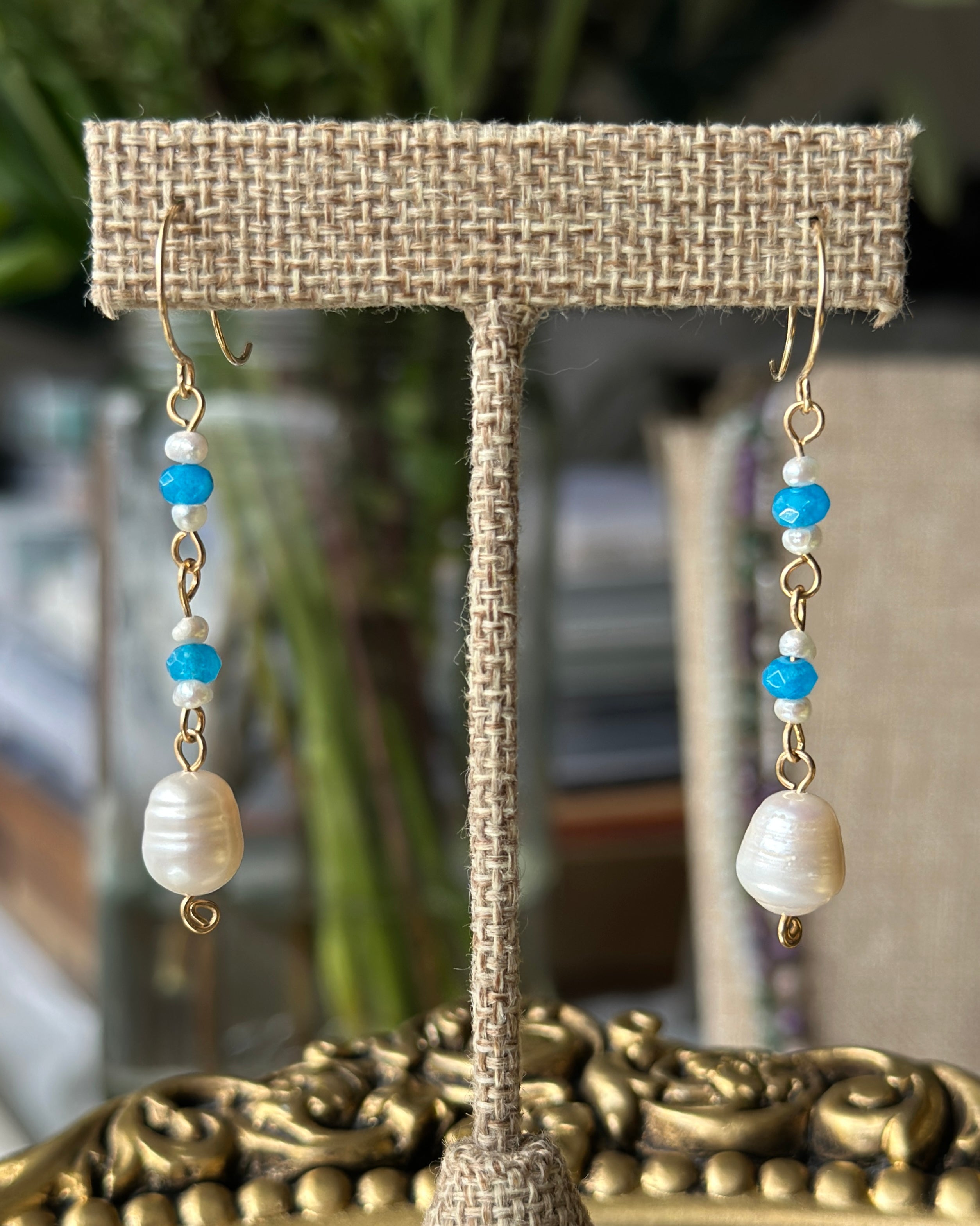 Pacific Pearl Swirl | Dangle Drop Earrings | Fresh Water Pearl & Pacific Blue Agate | 14k Gold-Filled