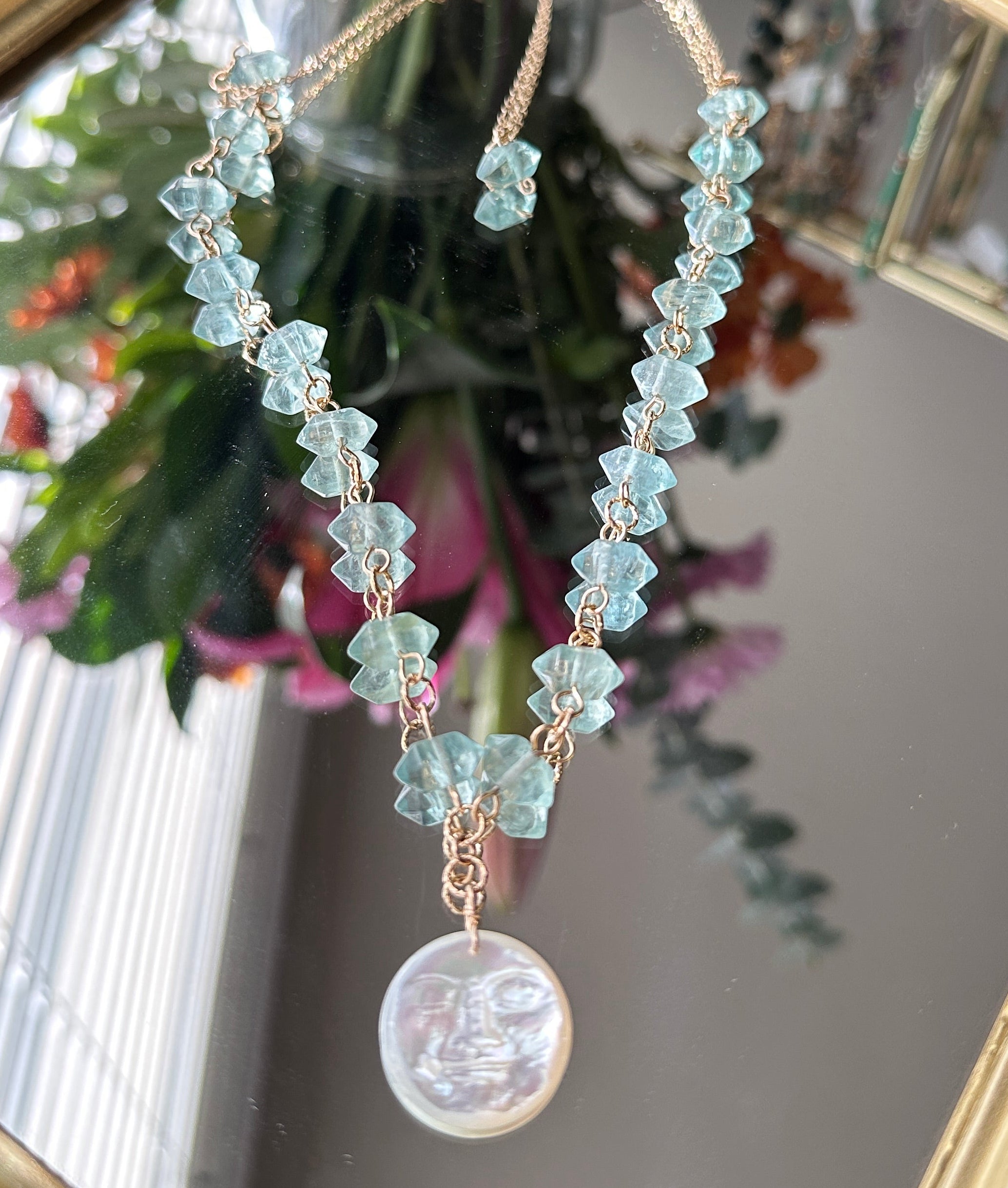 Forest Moon | Linked Gemstone Moon Pendant Necklace | Green Fluorite & Mother of Pearl | 14k Gold-Filled