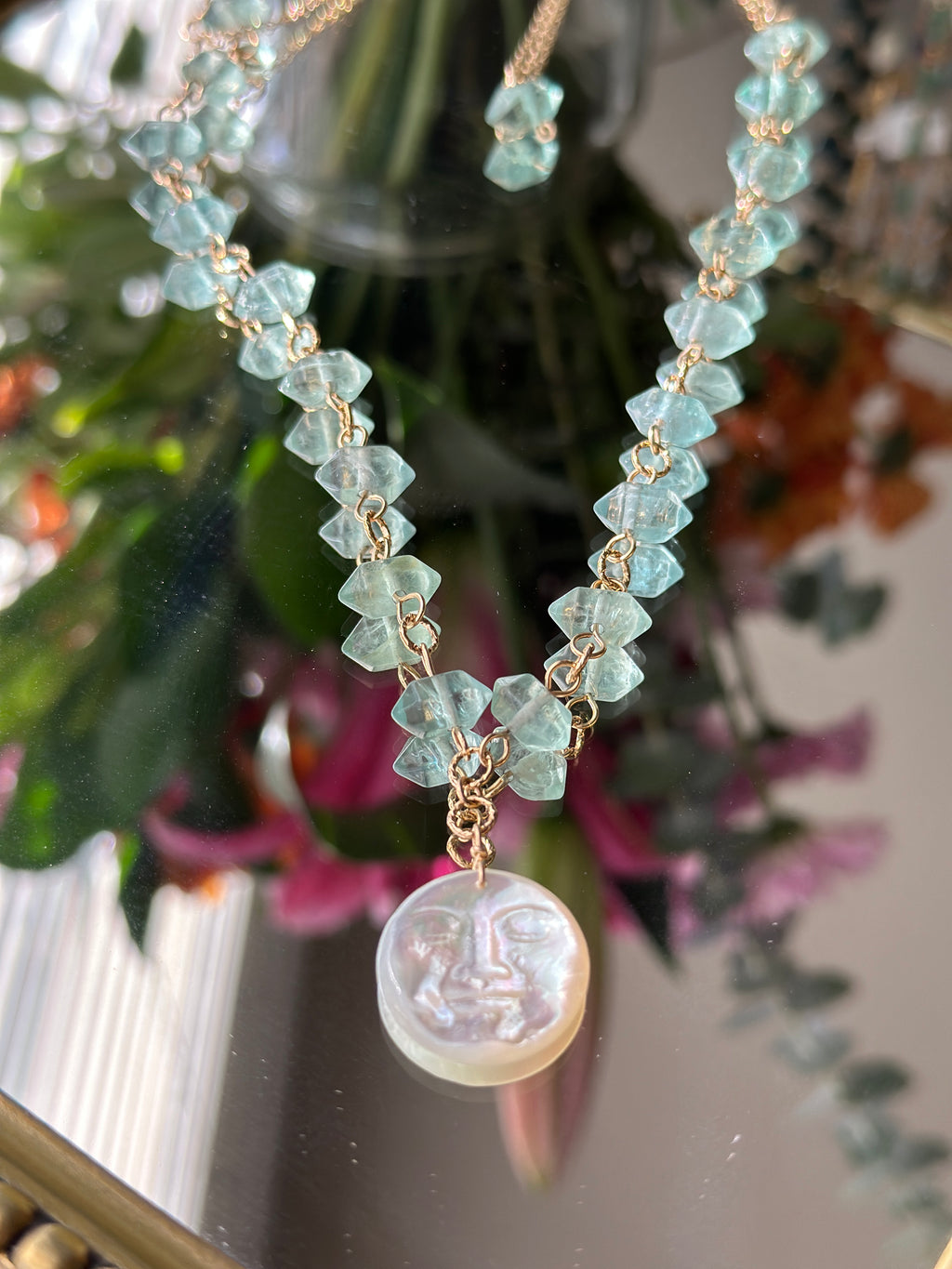 Forest Moon | Linked Gemstone Moon Pendant Necklace | Green Fluorite & Mother of Pearl | 14k Gold-Filled