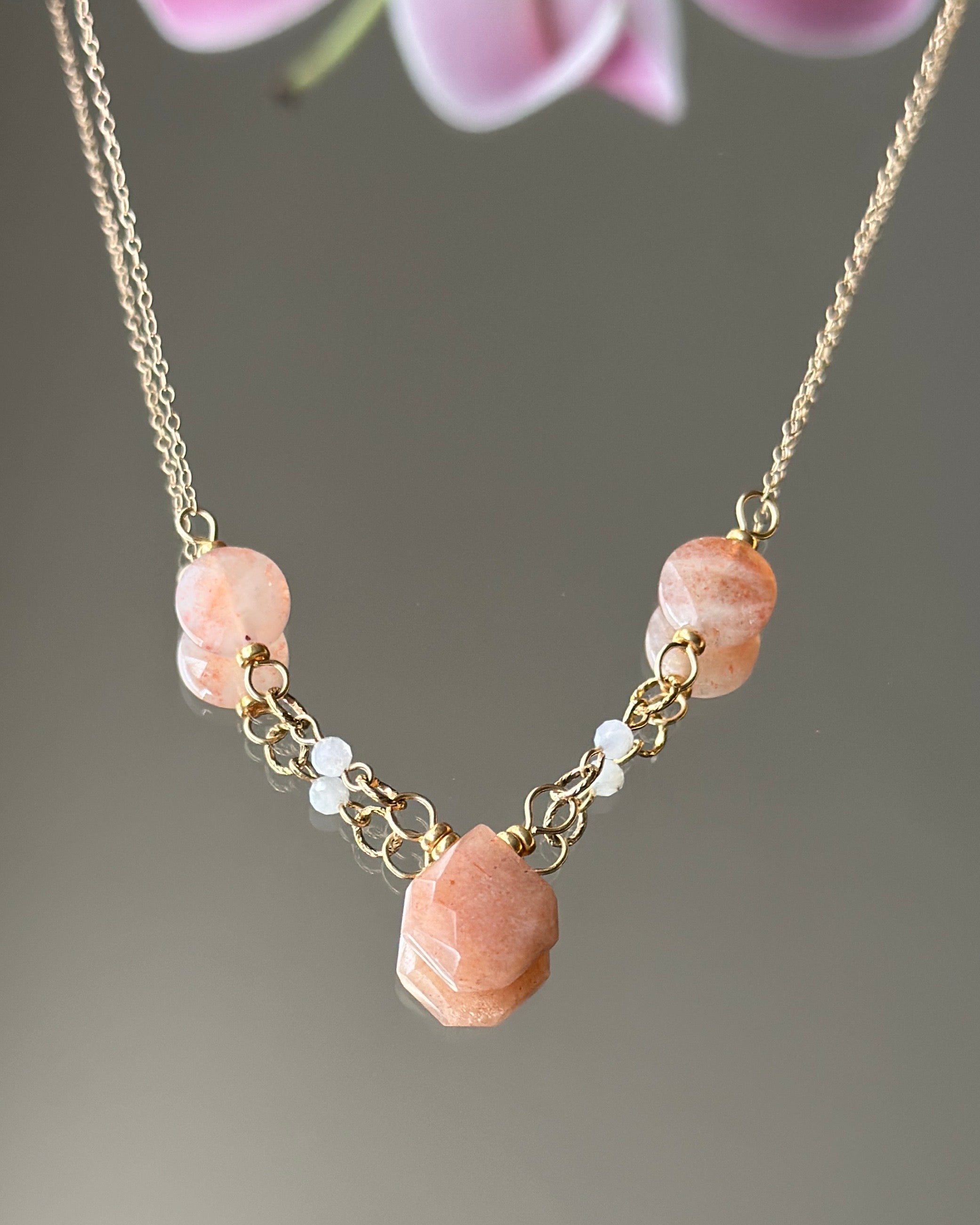 Peachy Keen | Linked Gemstone Focal Chain Necklace | Sunstone & Moonstone | 14k Gold-Filled
