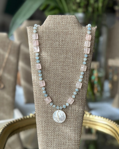 Cotton Candy Skies | Toggle Clasp Beaded Pendant Necklace | Aquamarine, Rose Quartz, Mother of Pearl Carved Moon | Sterling Silver