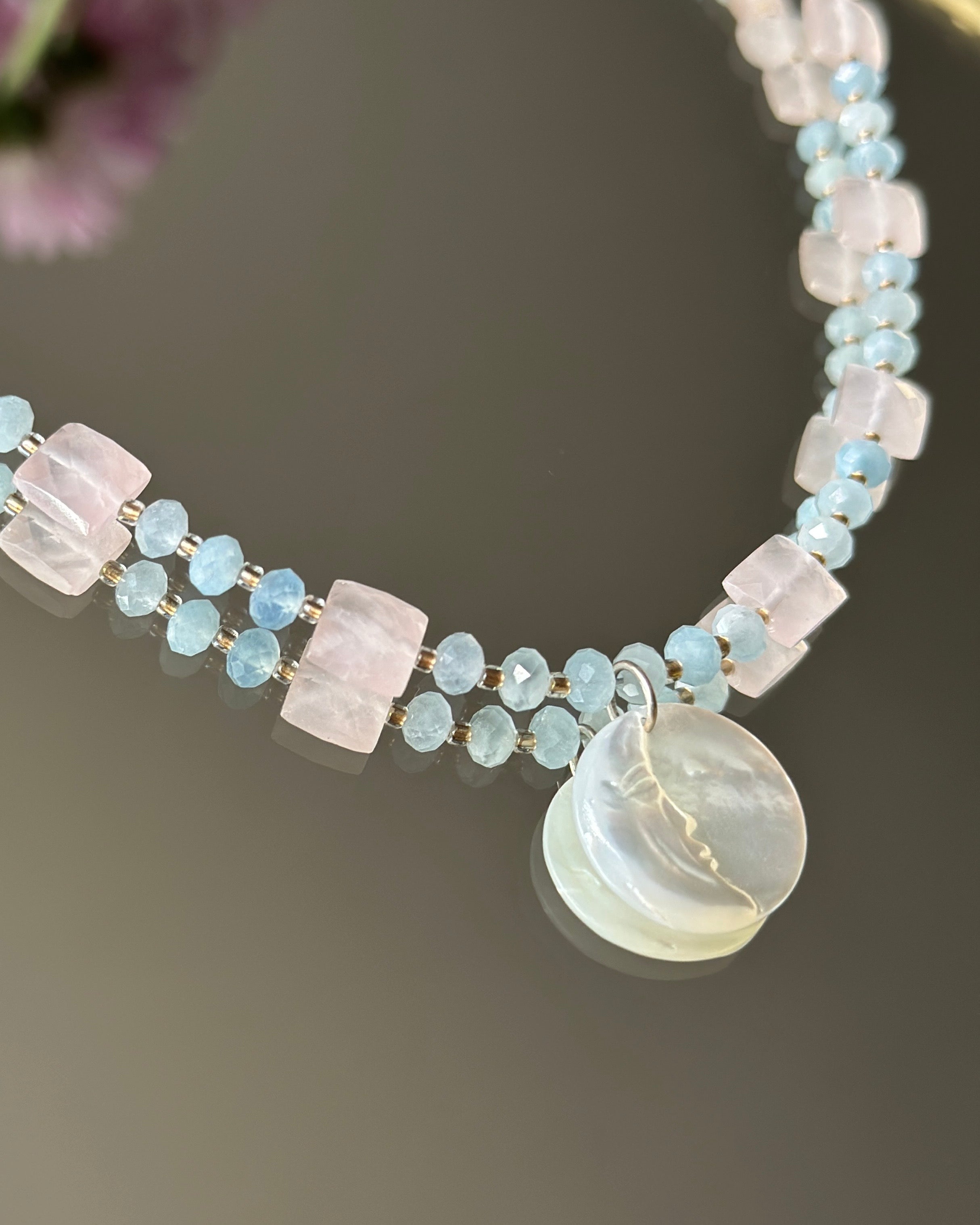 Cotton Candy Skies | Toggle Clasp Beaded Pendant Necklace | Aquamarine, Rose Quartz, Mother of Pearl Carved Moon | Sterling Silver