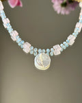 Cotton Candy Skies | Toggle Clasp Beaded Pendant Necklace | Aquamarine, Rose Quartz, Mother of Pearl Carved Moon | Sterling Silver