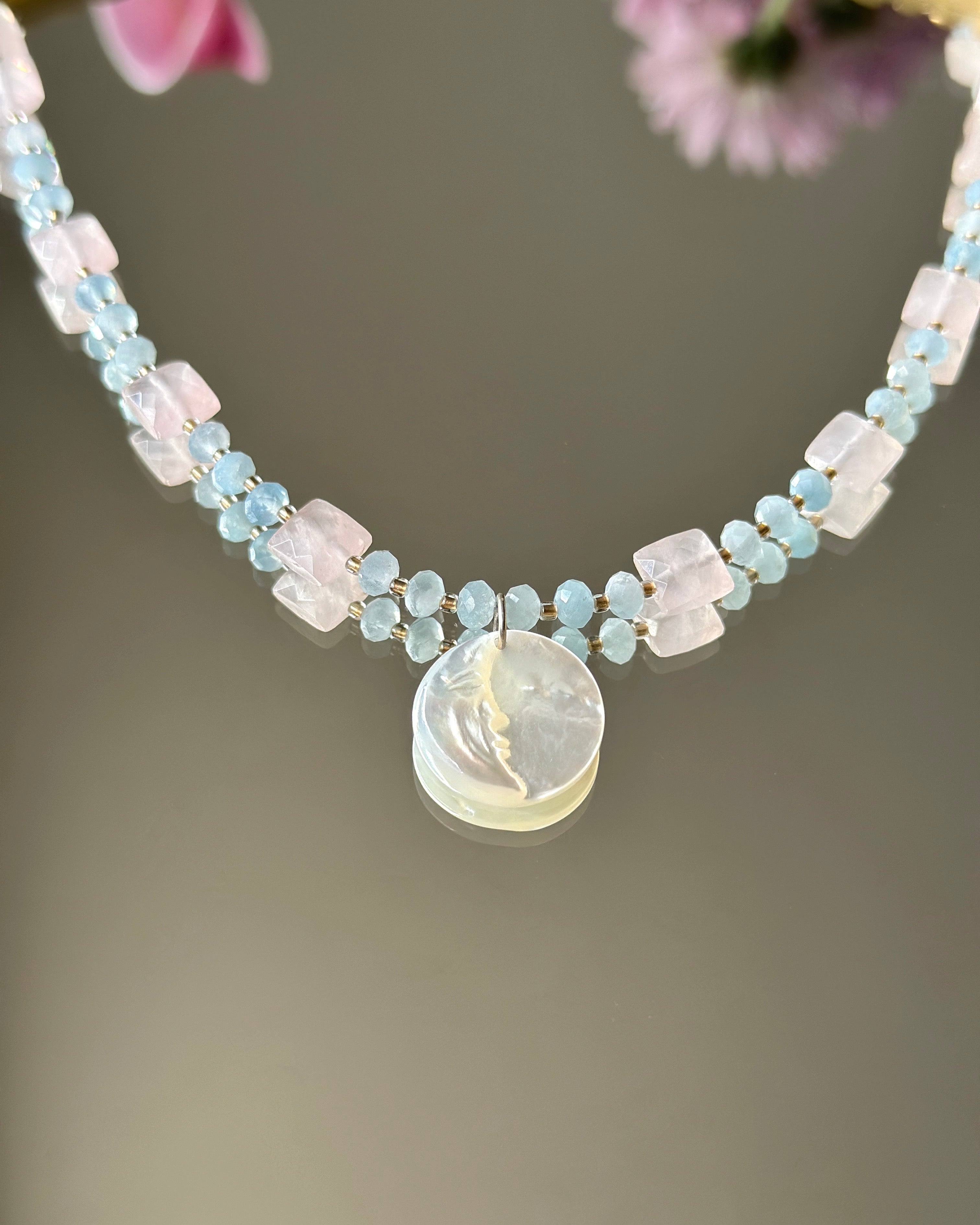 Cotton Candy Skies | Toggle Clasp Beaded Pendant Necklace | Aquamarine, Rose Quartz, Mother of Pearl Carved Moon | Sterling Silver