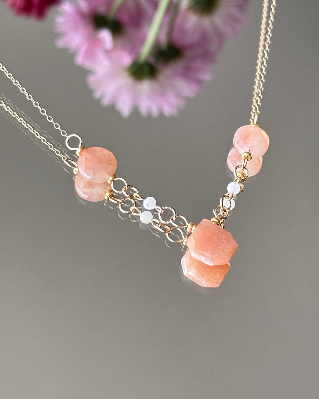 Peachy Keen | Linked Gemstone Focal Chain Necklace | Sunstone & Moonstone | 14k Gold-Filled